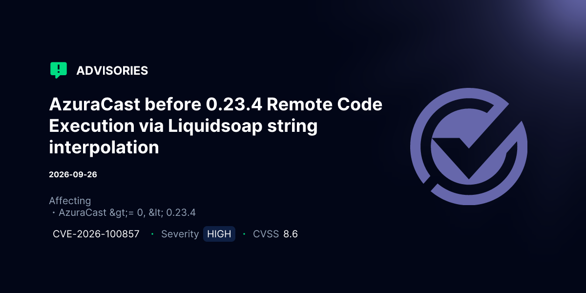 Liquid Injection Controller AzuraCast before 0.23.4 Remote Code Execution via Liquidsoap string ...