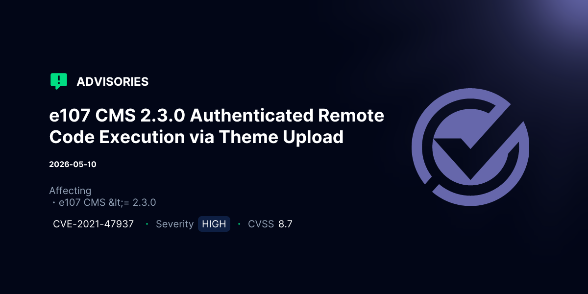 e107 CMS 2.3.0 Authenticated Remote Code Execution via Theme Upload ...