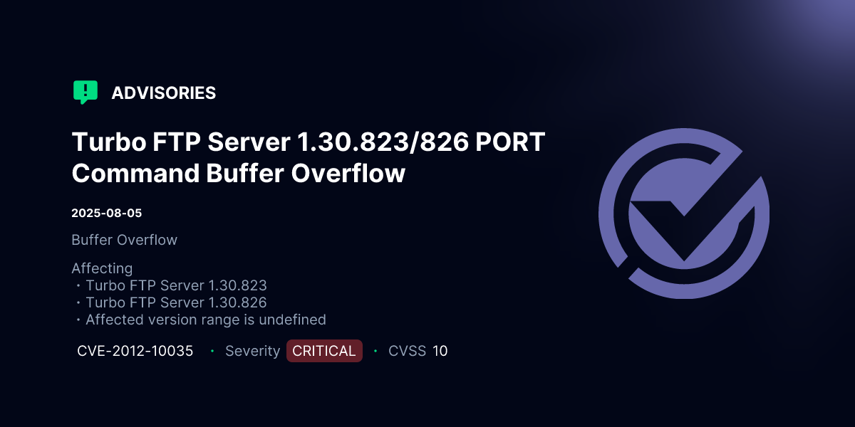 Turbo FTP Server 1.30.823/826 PORT Command Buffer Overflow | Advisories ...