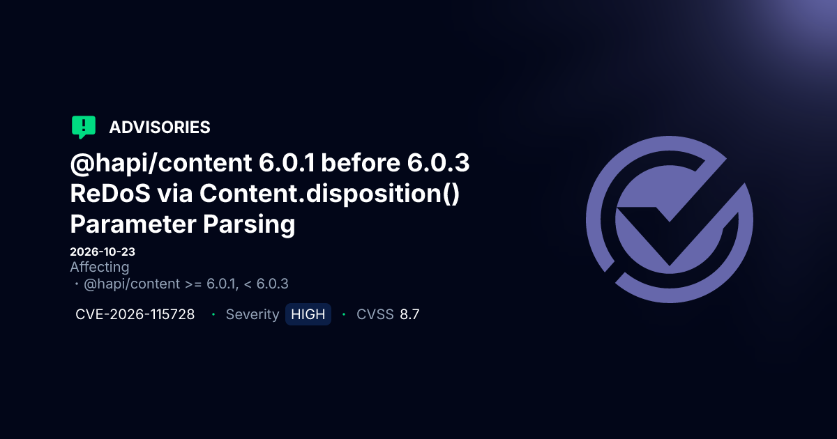 @hapi/content 6.0.1 before 6.0.3 ReDoS via Content.disposition ...