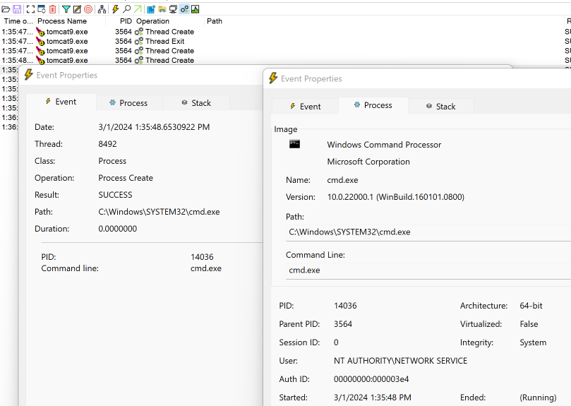 Tomcat spinning out cmd.exe in procom