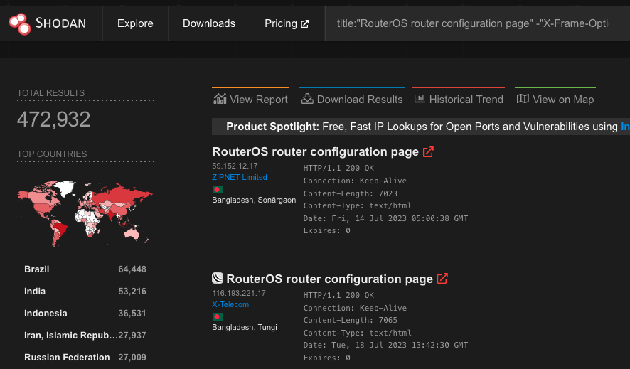 Mikrotik web on Shodan