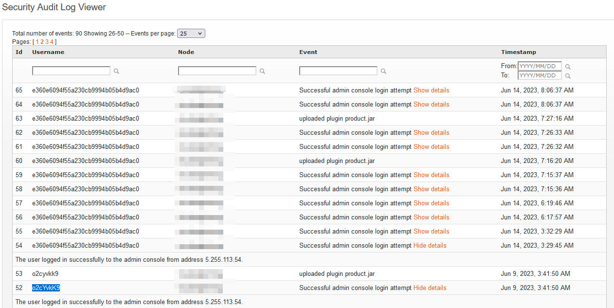 Openfire security audit log after exploitation