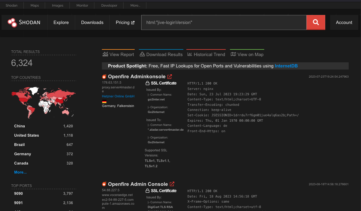 Openfire instances on Shodan